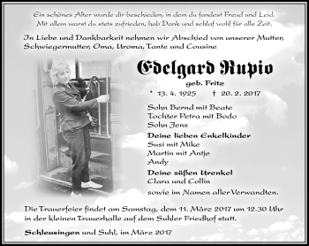 Traueranzeige von Edelgard Rupio von Südthüringer Presse