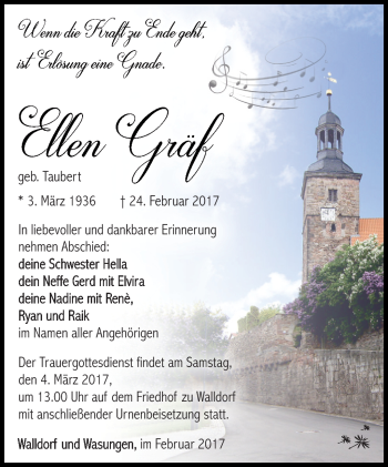 Traueranzeige von Ellen Gräf von Südthüringer Presse