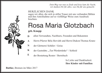 Traueranzeige von Rosa Maria Glotzbach von Südthüringer Presse