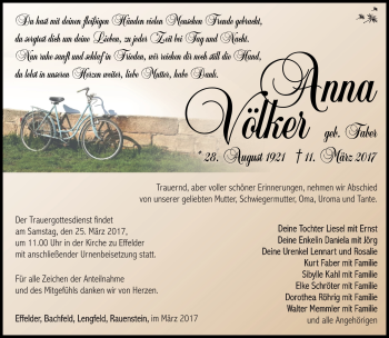 Traueranzeige von Anna Völker von Südthüringer Presse