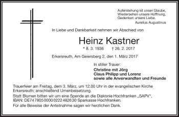 Traueranzeige von Heinz Kastner von Frankenpost