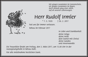 Traueranzeige von Rudolf Irmler von Frankenpost