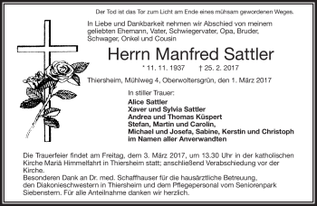 Traueranzeige von Manfred Sattler von Frankenpost