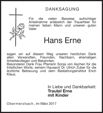 Traueranzeige von Hans Erne von Neue Presse Coburg