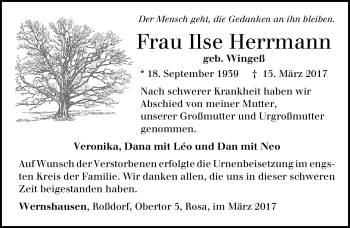 Traueranzeige von Ilse Herrmann von Südthüringer Presse