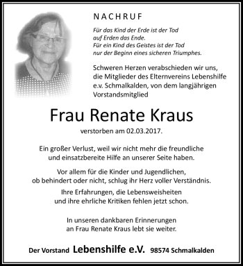 Traueranzeige von Renate Kraus von Südthüringer Presse