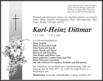 Traueranzeige von Karl-Heinz Dittmar von Südthüringer Presse