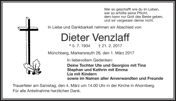 Traueranzeige von Dieter Venzlaff von Frankenpost
