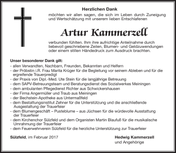 Traueranzeige von Artur Kammerzell von Südthüringer Presse