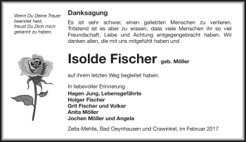 Traueranzeige von Isolde Fischer von Südthüringer Presse