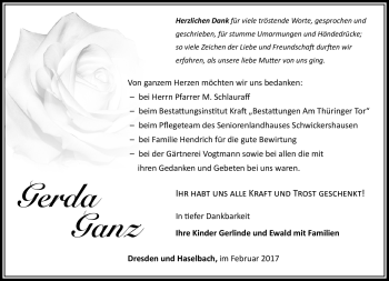 Traueranzeige von Gerda Kranz von Südthüringer Presse