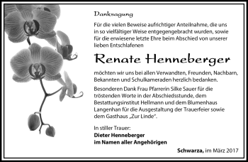 Traueranzeige von Renate Henneberger von Südthüringer Presse