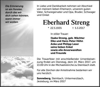 Traueranzeige von Eberhardt Streng von Südthüringer Presse