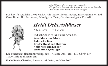 Traueranzeige von Heidi Debertshäuser von Südthüringer Presse