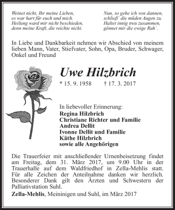 Traueranzeige von Uwe Hilzbrich von Südthüringer Presse