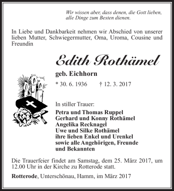 Traueranzeige von Edith Rothämel von Südthüringer Presse