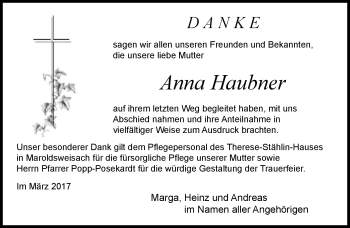 Traueranzeige von Anna Haubner von Neue Presse Coburg