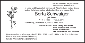 Traueranzeige von Berta Schwaiger von Frankenpost