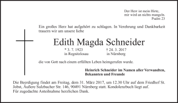 Traueranzeige von Edith Magda Schneider von Frankenpost
