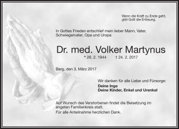 Traueranzeige von Volker Martynus von Frankenpost