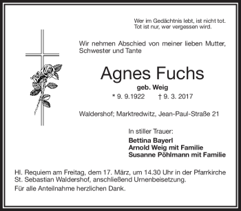Traueranzeige von Agnes Fuchs von Frankenpost