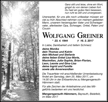 Traueranzeige von Wolfgang Greiner von Südthüringer Presse