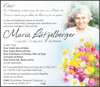 Traueranzeige von Maria Lützelberger von Südthüringer Presse