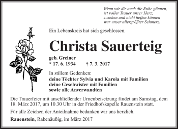 Traueranzeige von Christa Sauerteig von Südthüringer Presse
