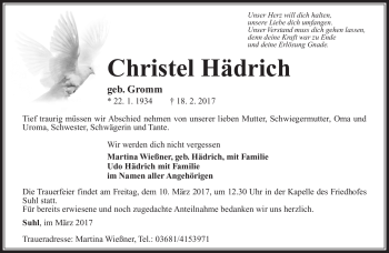 Traueranzeige von Christel Hädrich von Südthüringer Presse