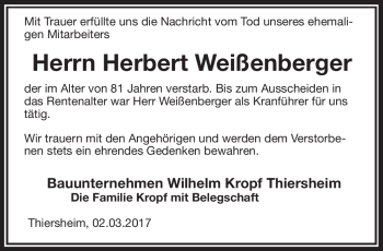 Traueranzeige von Herbert Weißenberger von Frankenpost