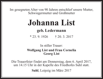 Traueranzeige von Johanna List von Südthüringer Presse