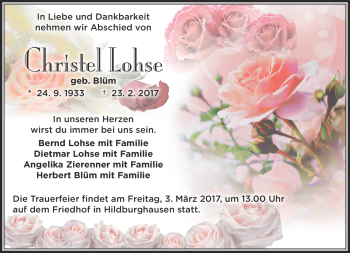 Traueranzeige von Lohse Christel von Südthüringer Presse