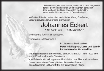 Traueranzeige von Johannes Eckert von Frankenpost