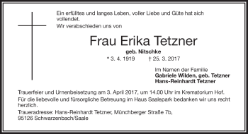 Traueranzeige von Erika Tetzner von Frankenpost