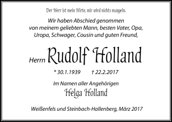 Traueranzeige von Rudolf Holland von Südthüringer Presse