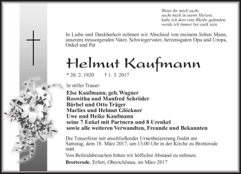 Traueranzeige von Helmut Kaufmann von Südthüringer Presse