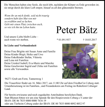 Traueranzeige von Peter Bätz von Neue Presse Coburg