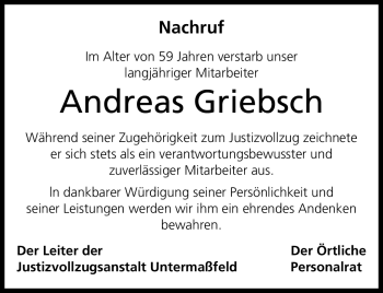 Traueranzeige von Andreas Griebsch von Südthüringer Presse