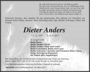 Traueranzeige von Dieter Anders von Südthüringer Presse