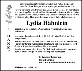 Traueranzeige von Lydia Hähnlein von Südthüringer Presse