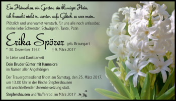 Traueranzeige von Erika Spörer von Südthüringer Presse