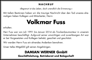 Traueranzeige von Volkmar Fuss von Südthüringer Presse