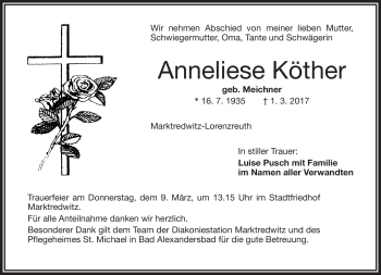 Traueranzeige von Anneliese Köther von Frankenpost