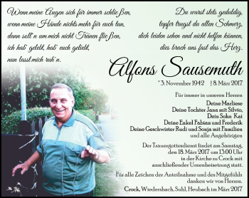 Traueranzeige von Alfons Sausemuth von Südthüringer Presse