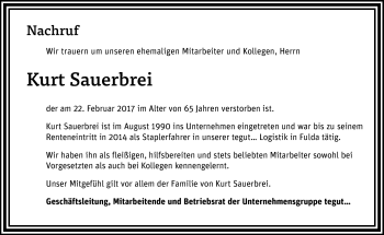 Traueranzeige von Kurt Sauerbrei von Südthüringer Presse