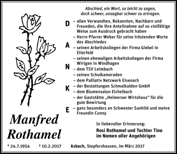 Traueranzeige von Manfred Rothamel von Südthüringer Presse