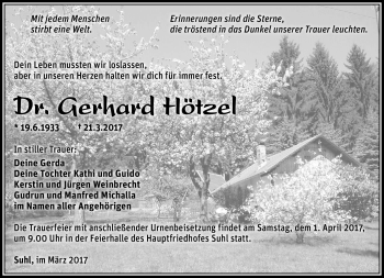 Traueranzeige von Gerhard Hötzel von Südthüringer Presse