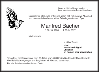 Traueranzeige von Manfred Bächer von Frankenpost