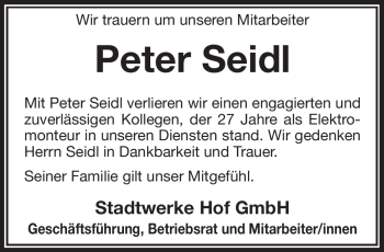 Traueranzeige von Peter Seidl von Frankenpost