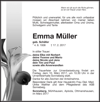 Traueranzeige von Emma Müller von Südthüringer Presse